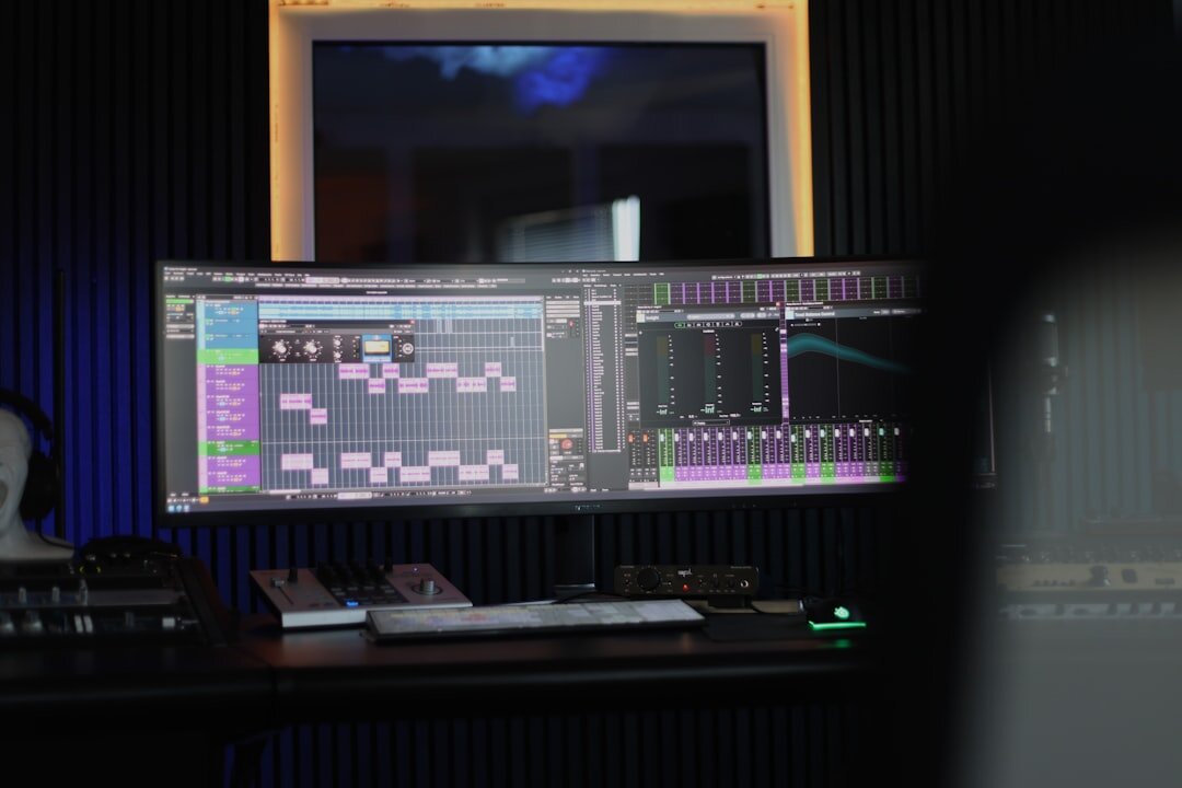 Professional video editing workstation with multiple monitors